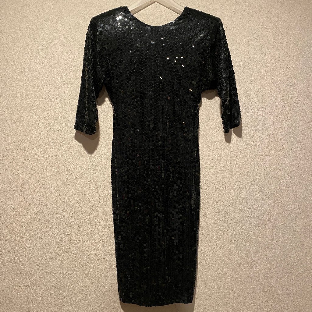 Vintage Oleg Cassini Black Sequin Midi Cocktail Dress Size 4 Petites